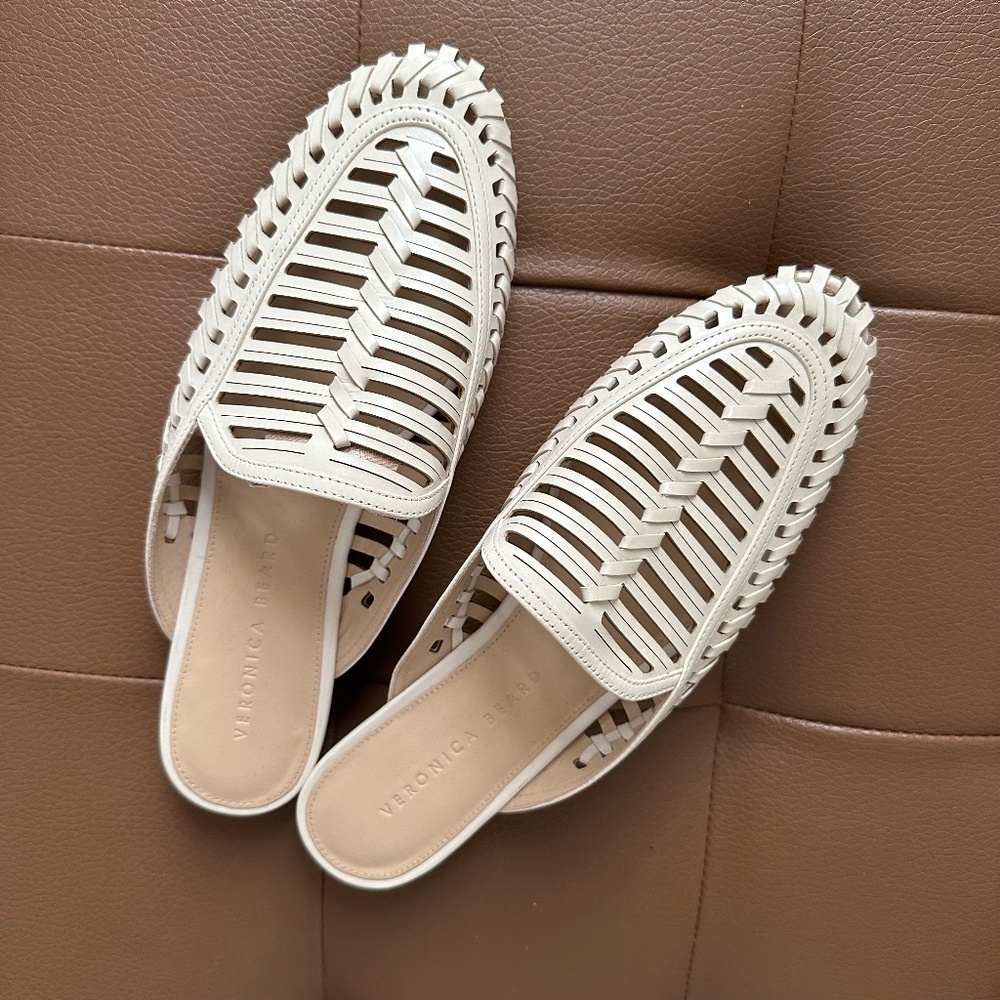 Veronica Beard leather slides braided and laser cut low heel flat mules 8-8.5
